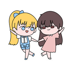 Two cartoon girls are holding hands and smiling