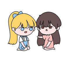 Two cartoon girls are sitting on the ground