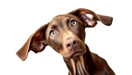 Brown dog is looking straight ahead having perked up at an angle. Playful pet.