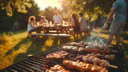 close up view of barbecued meat on table with people at house garden  in background with blur effect , summer bbq party, food, happy vacation, happiness,sunlight ,Backyard, family gathering, neighbors - Powered by Adobe