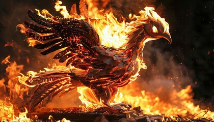 A phoenix carved from wood, slowly burning to ash on a ceremonial pyre as part of a ritual