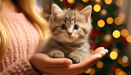 Cute little kitten sitting on a girl's hand