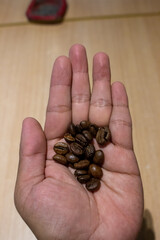 a roasted coffee beans on a hand