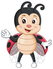 Cute Little Ladybug Cartoon Waving Hand. Animal Nature Icon Concept Isolated Premium Vector. Vector Illustration