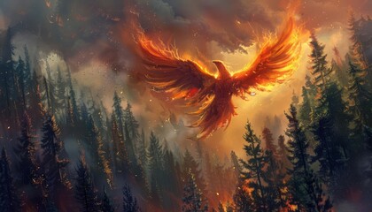 A phoenix rising from the ashes of a forest fire, creating a new landscape as it flies away