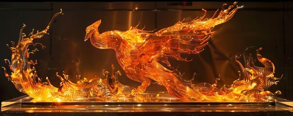A phoenix sculpture made of molten glass, glowing orange and red in the reflection of a bonfire