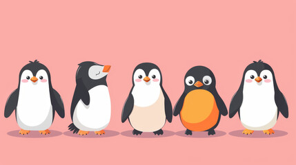 Naklejka premium A charming illustration of five cartoon penguins standing in a row on a soft pink background.
