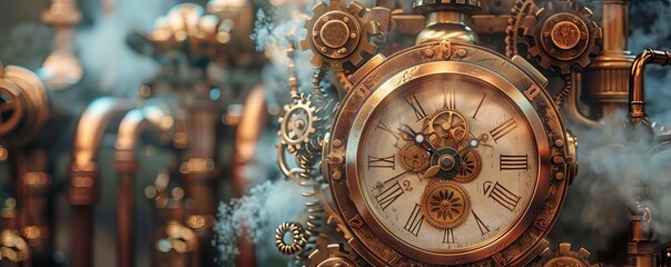 A steampunk clock made of brass and copper gears, with steam rising from vents around it