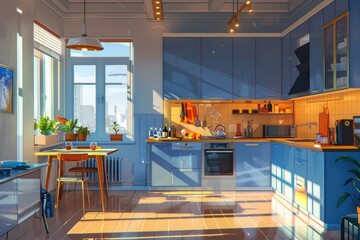 Illustration of modern apartment with blue kitchen
