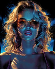 A woman with blonde hair and sunglasses is the main subject of the image