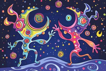 Cartoon cute doodles of mirror world creatures with colorful patterns and reversed features, dancing under a mirrored moon, Generative AI