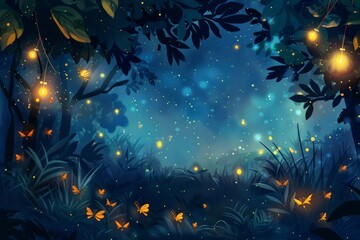 Cartoon cute doodles of mirror world fireflies that shine during the day and darken the sky with their shimmering lights at night, Generative AI