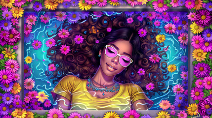 A woman with long hair is laying in a pool of flowers