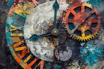 An abstract painting of gears painted onto a clock face, blending together like a mechanical puzzle