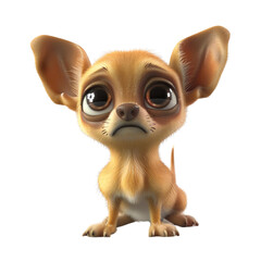 Fototapeta premium A 3D cartoon character of a nervous Chihuahua, tiny and trembling, with big watery eyes, anxious, isolated on a white background. 