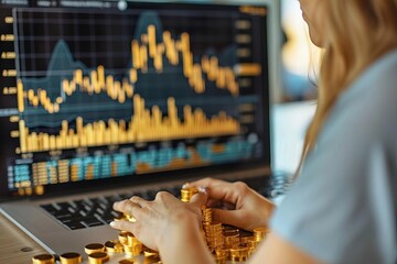 A young woman wearing a blue shirt is sitting at her desk looking at a computer screen. She has her hands on a stack of gold coins.