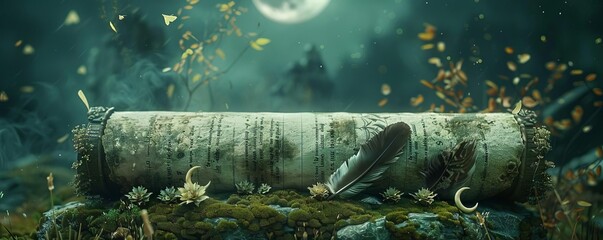 Naklejka premium An ancient scroll adorned with feathers and crescent moons, set on a mossy stone altar under the moon