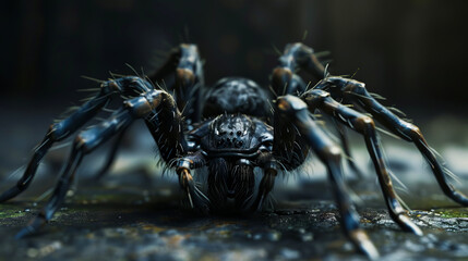 A black spider with long legs and a dark background.
