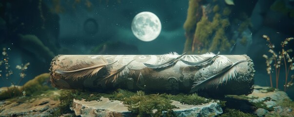 An ancient scroll adorned with feathers and crescent moons, set on a mossy stone altar under the moon
