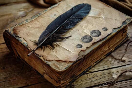 An ancient book, adorned with moon symbols, revealing secrets written in ink and feather quills