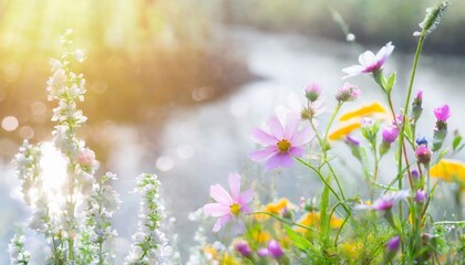 川沿いに咲く美しい花、森の中の自然の風景