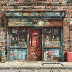 game texture sheet, front view, orthographic, new york store fronts, facades, boarded windows, broken windows, graffiti, realistic --ar 1:1 --stylize 750