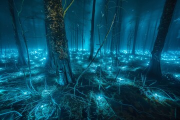 Explore the eerie beauty of a submerged forest at night, where bioluminescent organisms illuminate...