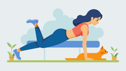 A woman practices her balance and core strength by doing a series of planks and standing on one leg her cat curiously watching from the sidelines.. Vector illustration