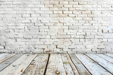 White brick wall and wooden floor.