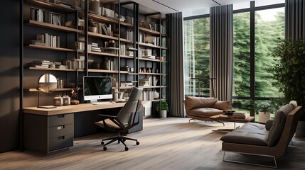 A stylish home office with a sleek desk, ergonomic chair, and wall-to-wall bookshelves
