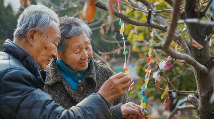 Senior pair writing wishes on colorful paper and tying them to a wishing tree, embracing hope for the New Year.