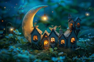 Fototapeta premium Fairies building tiny houses inside a crescent moon, creating a magical neighborhood in the stars