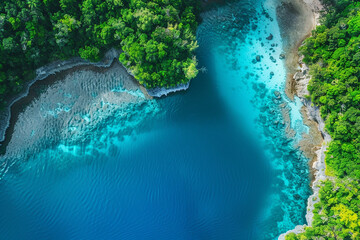 Aerial view of turquoise water of emerald tropical lagoon, generative Ai