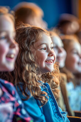 Fototapeta premium Joyful children seated in the audience of an auditorium, engrossed in a show, their smiles visible from a side view.