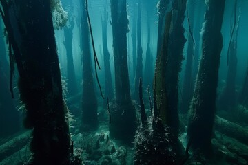 Fototapeta premium Journey through a submerged cathedral of trees, where towering trunks reach towards the surface, creating an awe-inspiring underwater, Generative AI