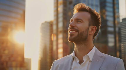 A young man with short hair and a beard, dressed in a white shirt and blazer suit, smiling as he looks at the city skyscrapers bathed in sunset light, standing against the backdrop of the city. - Powered by Adobe