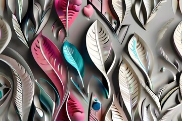 3d wallpaper abstract of white floral tree decor, colorful leaf and background. Decorative wall art. Generative AI