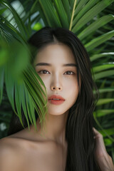 A beautiful Asian woman with long black hair posing against a backdrop of green leaves.