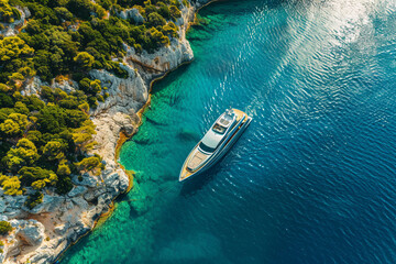 Aerial view of luxury yacht sailing in turquoise sea, Generative Ai