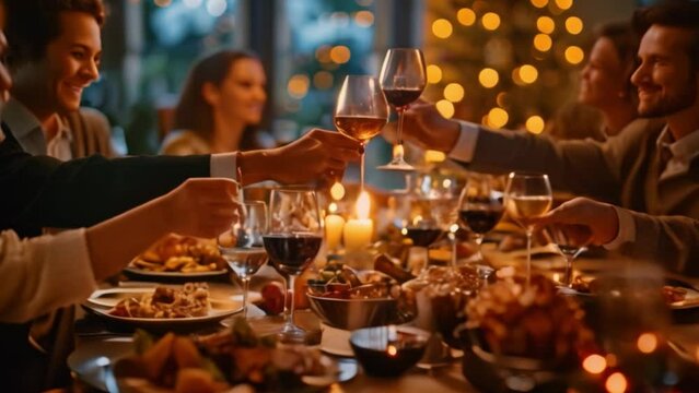 A group of friends and family raised glasses of red wine and champagne to celebrate the winter holidays, enjoying elegant and refined candlelit drinks and a memorable intimate dinner.