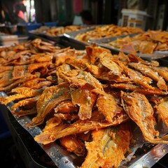A bunch of crispy fried fish laid out at a market