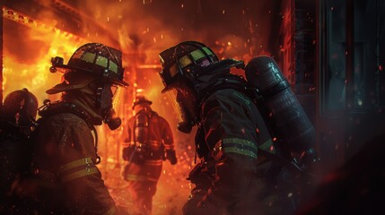 Firefighters rescuing a trapped victim from a burning building, exemplifying selfless bravery in the line of duty.