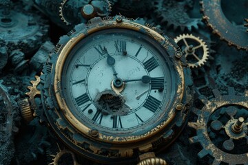 Obraz premium A conceptual image of a clock buried in gears, emphasizing the overwhelming machinery needed to keep time