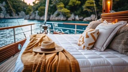 Detailed view of a bed on a yacht deck at night, anchored in a quiet cove