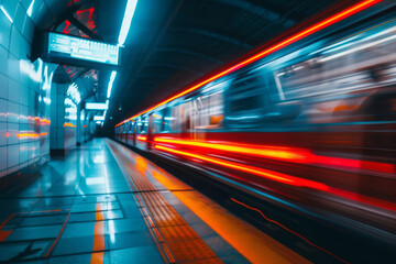 The city's subway passing by at high speed, its bright red color contrasting with the blurred background.