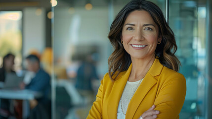 An attractive businesswoman in her late thirties standing with her arms crossed, smiling confidently at the camera.