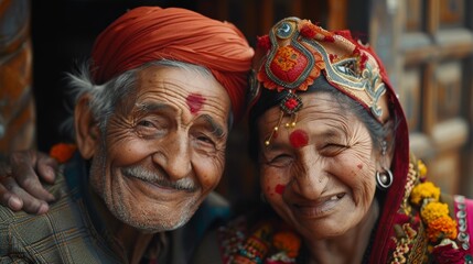 Elderly pair adorned in traditional attire, enjoying festivities with smiles and laughter, cherishing each other's company.
