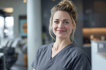 Fototapeta premium A beautiful female dentist in her late thirties, wearing grey scrubs, smiling softly while standing inside of an elegant office space with modern decor.