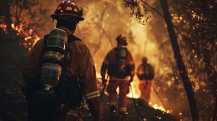 A team of firefighters strategizing their approach to contain a wildfire, utilizing expertise and experience.