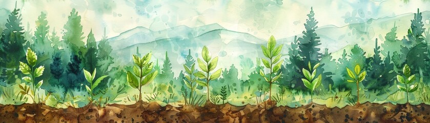 Beautiful watercolor painting of a forest landscape, illustrating the growth of young seedlings in the foreground with a backdrop of misty mountains.